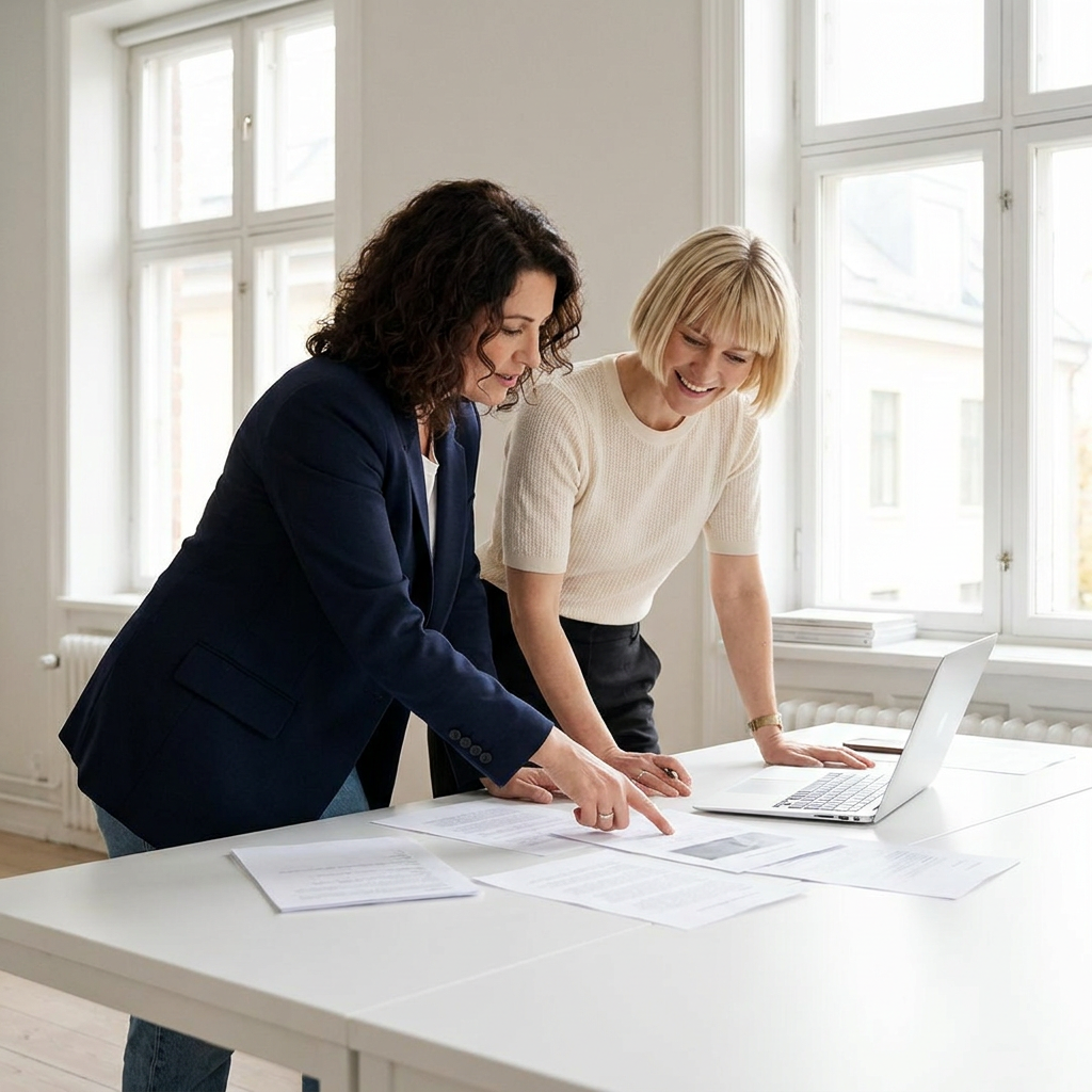 Team collaboration around a white table
